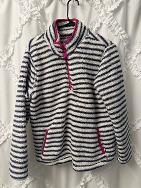 Women’s Navy & White Striped Fleece Pullover with Pink Trim